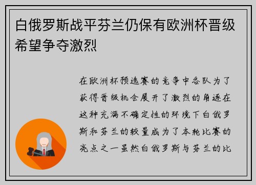 白俄罗斯战平芬兰仍保有欧洲杯晋级希望争夺激烈